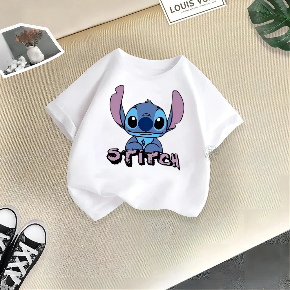 Disney Kids Street Style 100% Cotton T-shirt Stitch Stitch Alphabet Print Teen Comfortable Cotton T-shirt Boys Girls Casual top