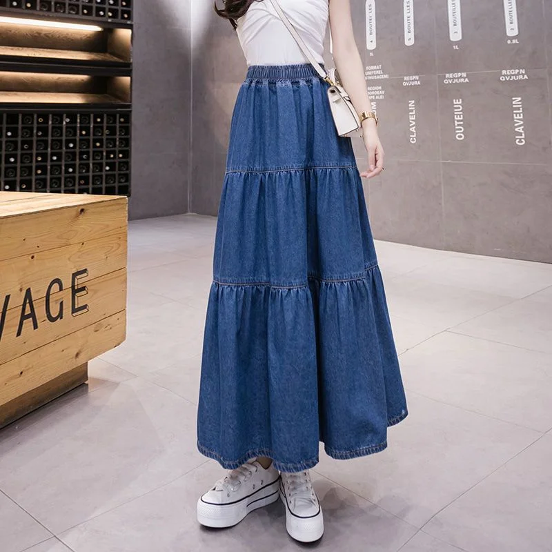 Womens Casual Vintage Elastic Waist Flared Pleated Maxi Denim Jean Skirt Fashion Streetwear Long Skirts Women Plus Size 6XL C480