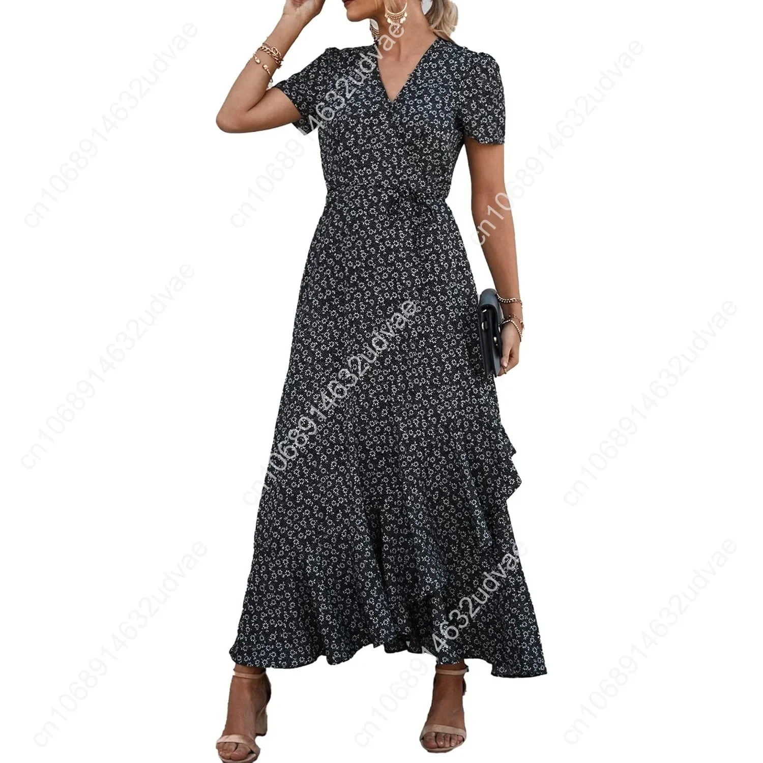 

Women's Summer Wrap Maxi Dress Casual Boho Floral V Neck Short Sleeve Ruffle Hem Split Beach Long Dresses