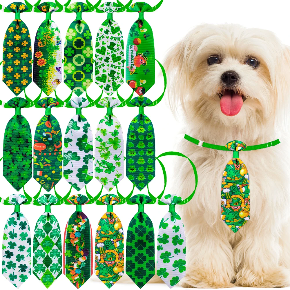 St. Patrick's Day Dog Neckties 20/40PCS Adjustable Dog Bowties Collars Four-leaf Clover Print Pet Grooming Accessories For Dogs