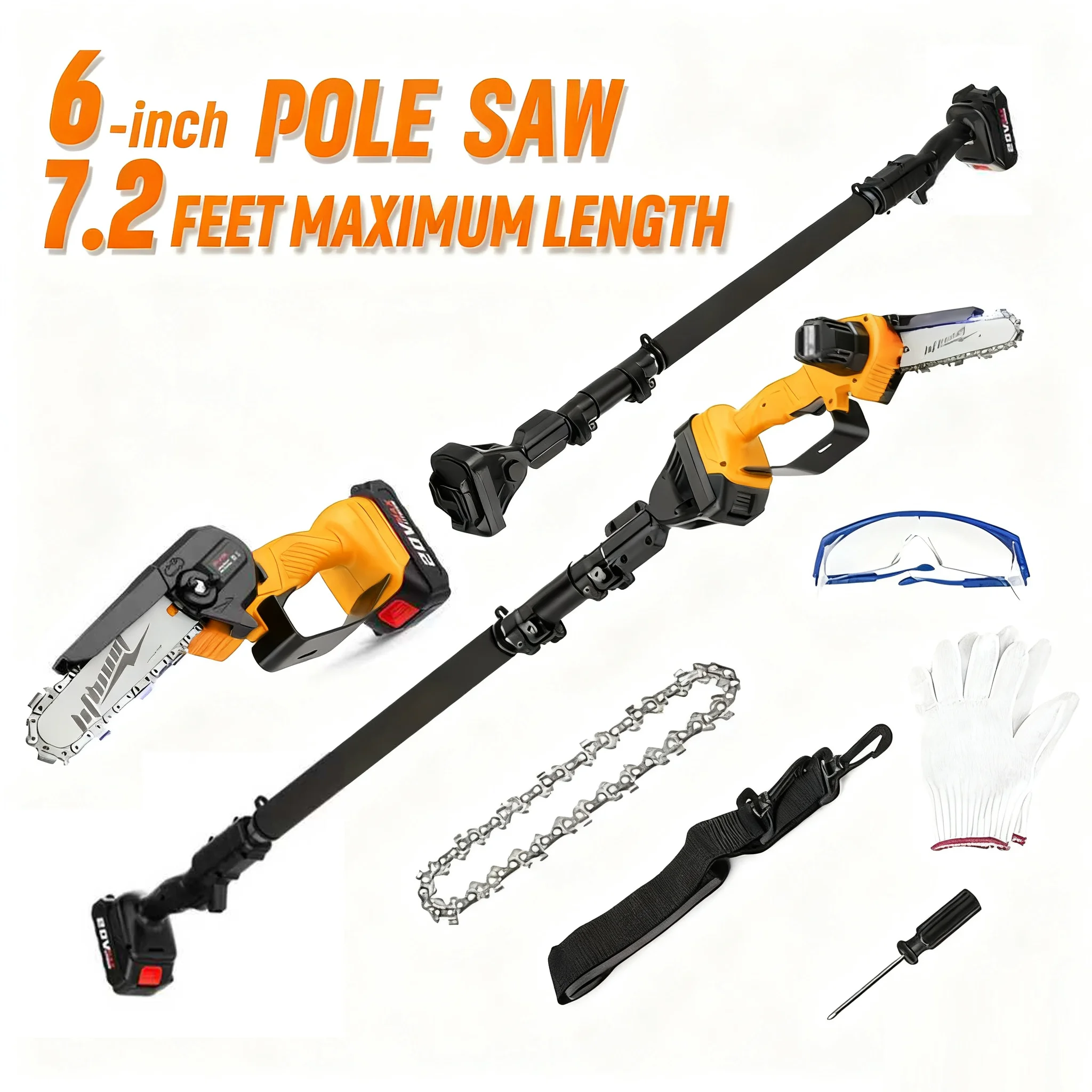 2-in-1 Yellow Pole Saw With 6-inch Chains A High Extension 21V 4.0Ah Battery Powered Tree Trimming Saw Extendable Wood Cutting