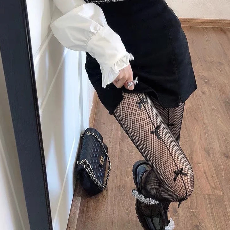 Women Fishnet Transparent Stockings Pantyhose Lolita Hollowed Out Pantyhose Woman Bow-knot Soft Comfortable Tights Fishnets