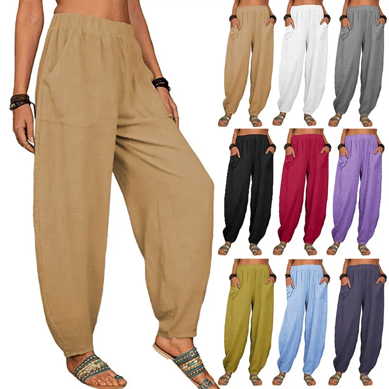 

Cotton Linen Loose Women's Pants Wide-Leg High Waist Trousers Women Korean Solid Pocket Female Stretch Straight Pants