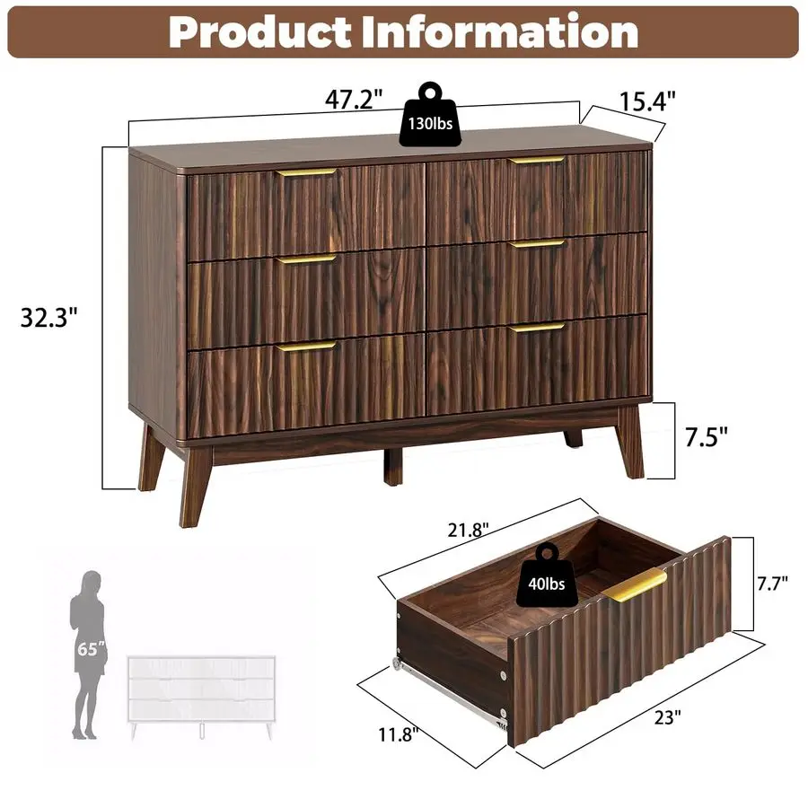 خزانة ذات 6 أدراج، جوز، تصميم مموج مخدد، زوايا مستديرة، حامل تلفزيون خزانة منتصف القرن، 48 خزانة ذات أدراج واسعة لـ Bedro