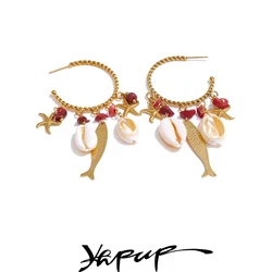 Yhpup Ocean Style Shell Starfish Fish Dangle Earrings Summer Stainless Steel Exclusive Fashion Jewelry New