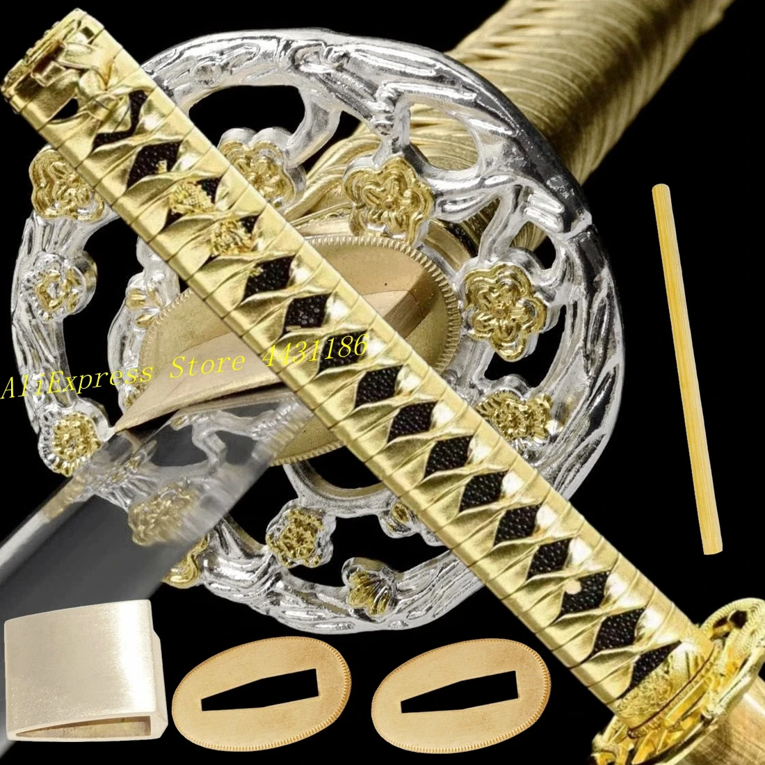 26cm * alça ito de couro dourado katana tsuka conjunto de acessórios de espada japonesa tsuba + menuki + fuchi + kashira + habaki + acessório de liga seppa
