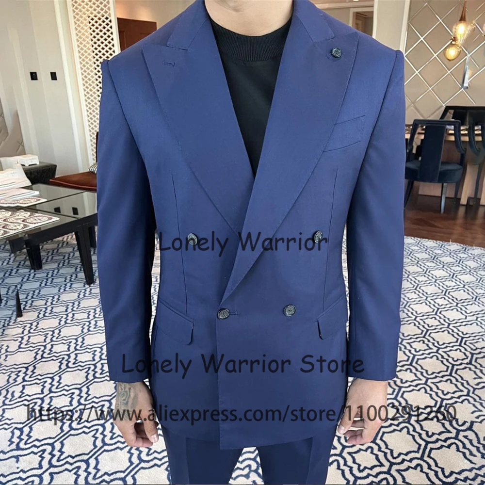 

Fashion Navy Blue Men Suits 2 Piece Set Slim Fit Double Breasted Business Blazer Wedding Groom Tuxedo Jacket Pants Costume Homme