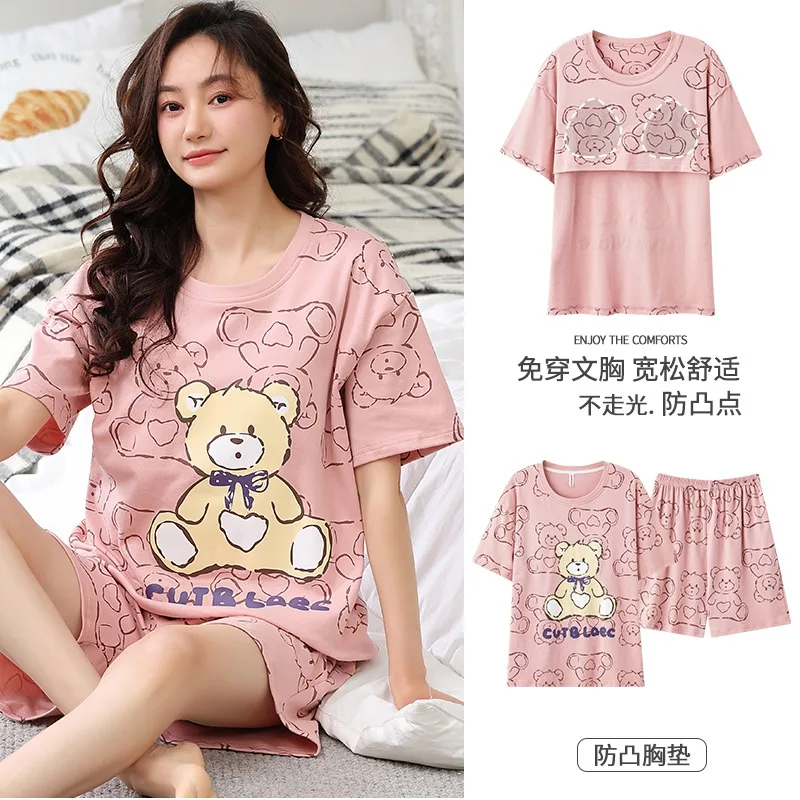 Cartoon Cute Bear Sleepwear with Bra Pad Women's Cotton Homewear Short Sleeves Shorts Summer Nightwear Young Girl Pjs Loungewear