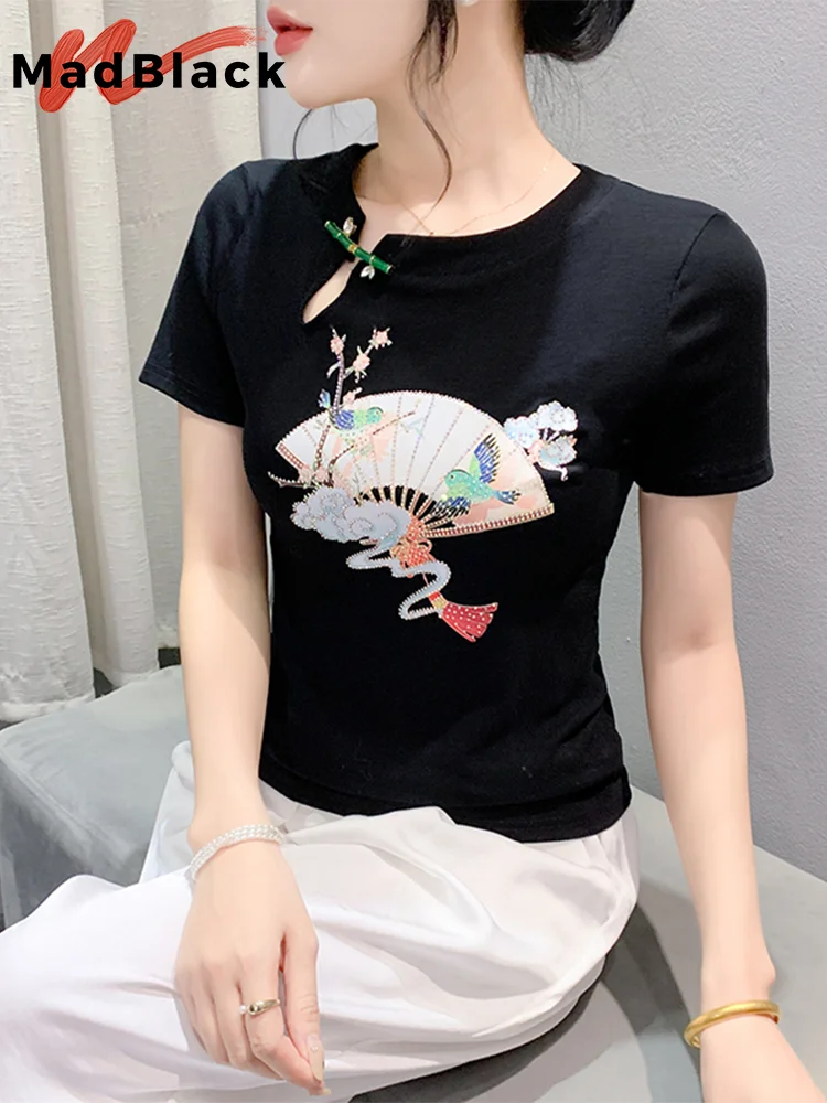 

MadBlack Chinese Clothes Tshirt Woman O Neck Rhinestone Fan Print Slim Cotton Tops Short Sleeve Tee Summer New 2024 T439124JM