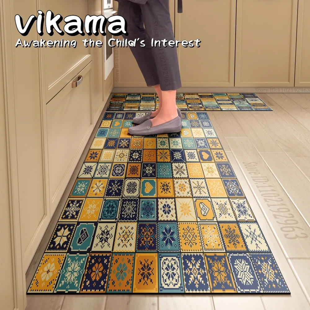 VIKAMA Flanellfarbener, rutschfester Patchwork-Küchenteppich – lebendige, dekorative Matte für den Bodenbelag in der Küche zu Hause