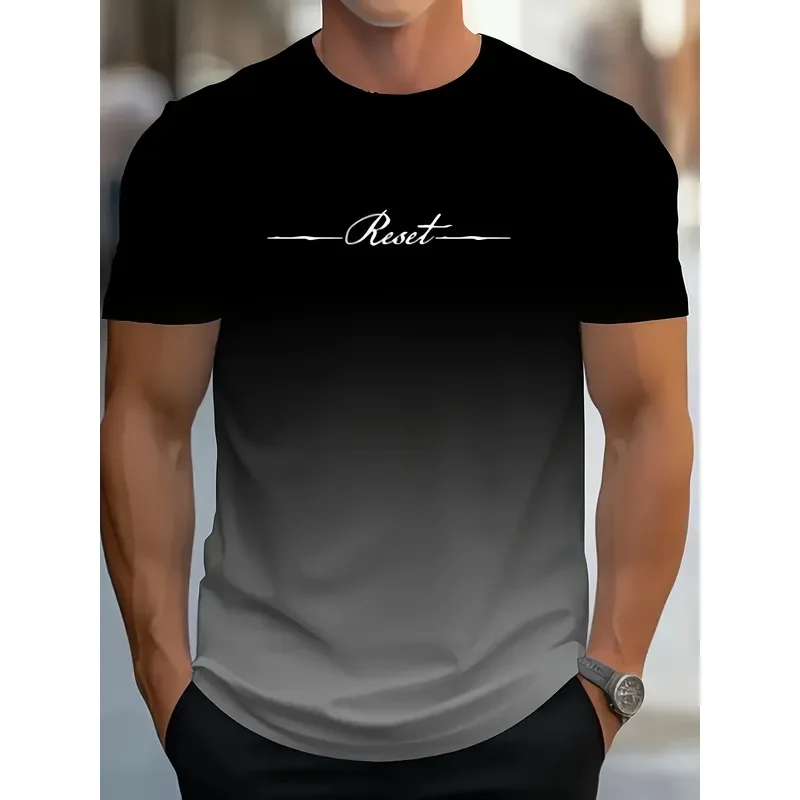 Camiseta de Hombre con Estampado 3D de Letras 'Reset', Estilo Casual de Verano, Negra y Gris, Manga Corta, Talla Grande, Ropa Masculina 2026