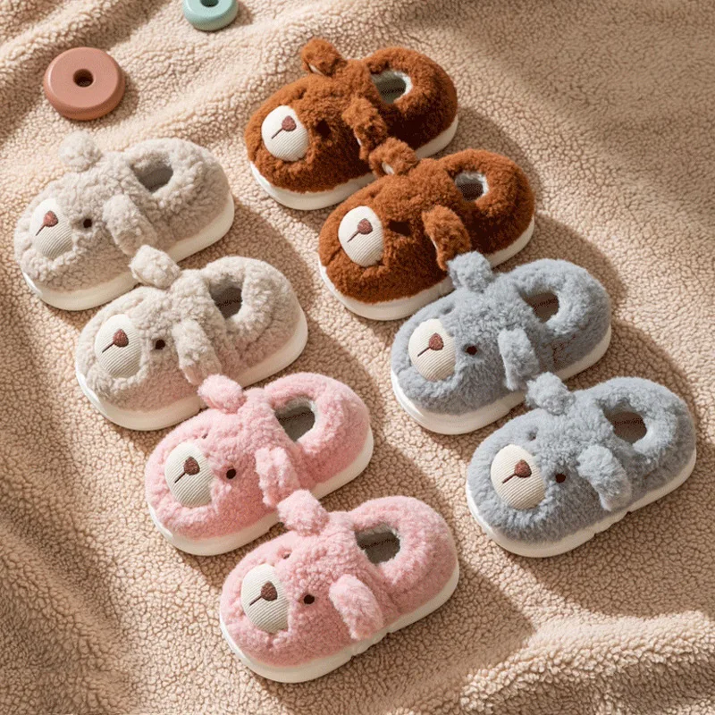 

Children Indoor Slippers Winter Warm Cotton Shoes Kids Home Floor Slippers Cartoon Bear Anti-slip Boys Girls Plush Footwear