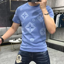 Summer Short Sleeve T-shirt Men's 2022 New Rhinestone Clothes Trend Personality Handsome Tees Male Pink Slim High Quality Top