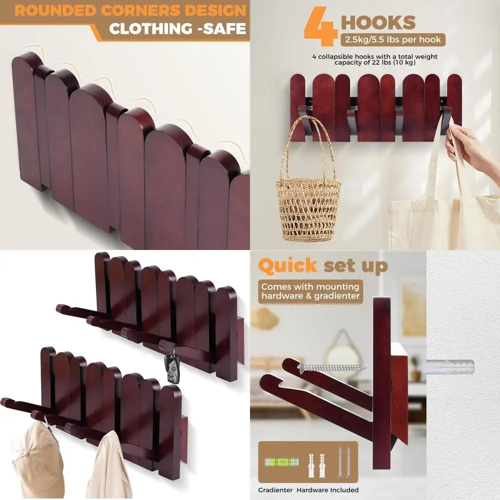 عبوة مزدوجة من رفوف المعاطف المثبتة على الحائط من خشب الزان الصلب مع 4 خطافات مضادة للانزلاق لديكور المنزل والتخزين