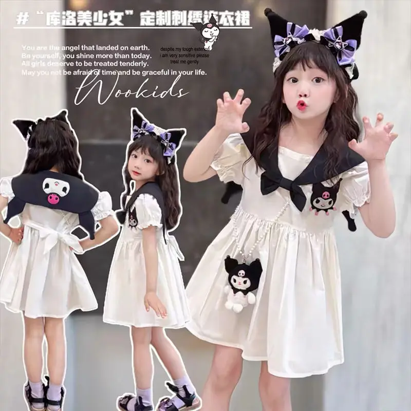 

Girly Heart Kawaii Kuromi Anime Sanrio Short Sleeve Dress Summer Cute Cartoon Ins Princess Skirt Clothing Gifts for Kids