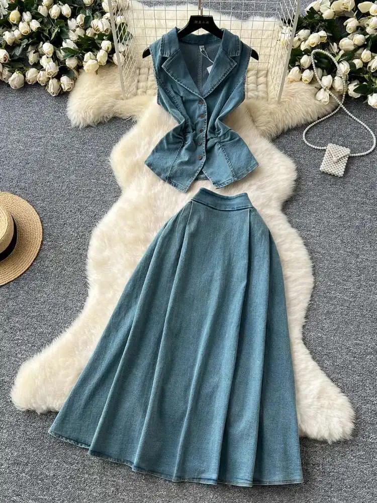 

French Style Denim Two Piece Sets Women Summer Pleated Collared Sleeveless Denim Top+high Waisted A-line Long Skirt Outfits