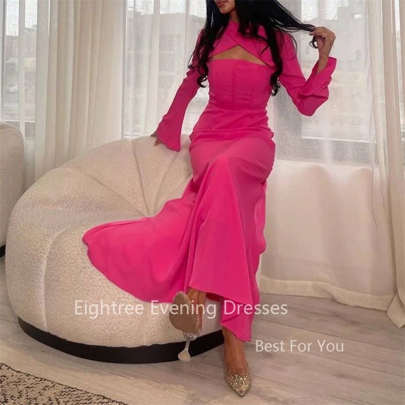 Eightree Pink Evening Gowns Long Sleeves Prom Dress Saudi Arabic Women Formal Wedding Party Dresses Ankle Length abenkleider lan