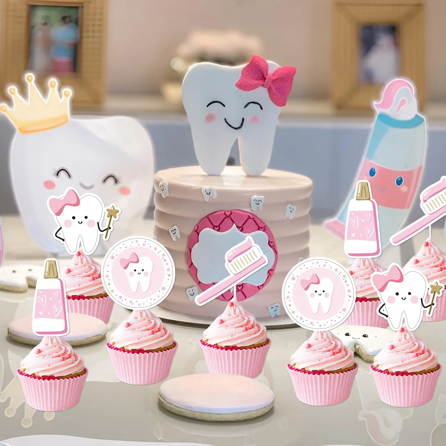 36Pcs Tooth Cupcake Toppers Pink First Tooth Cake Decorations Dental Themed Baby Shower Cupcake Toppers Dentist Party Decor