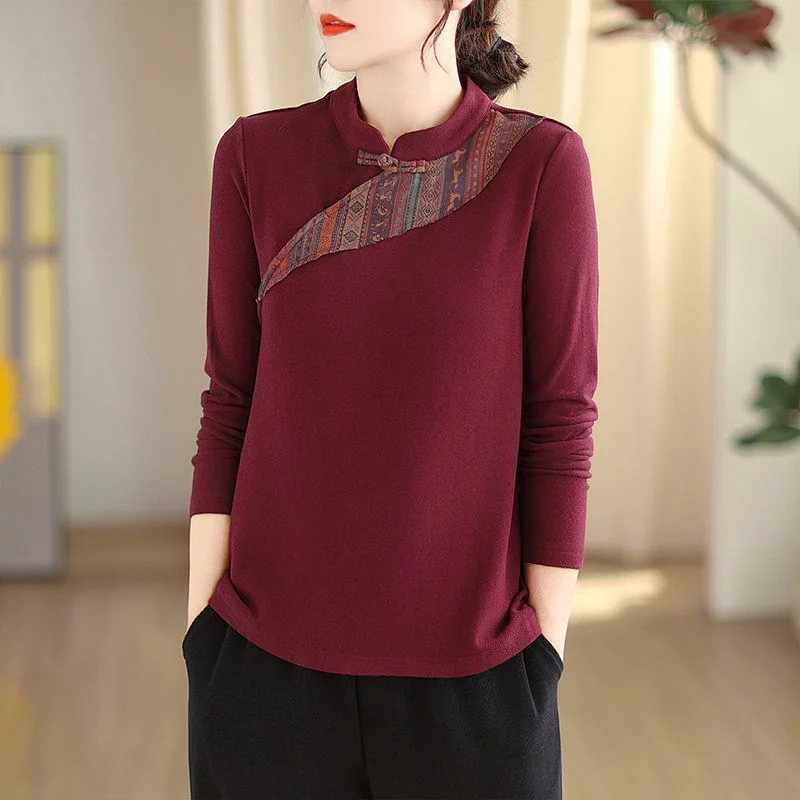 Chinese Style Women's Stand-up Collar T-shirt Autumn and Winter Temperament Age-reducing Printing Patch Base Top