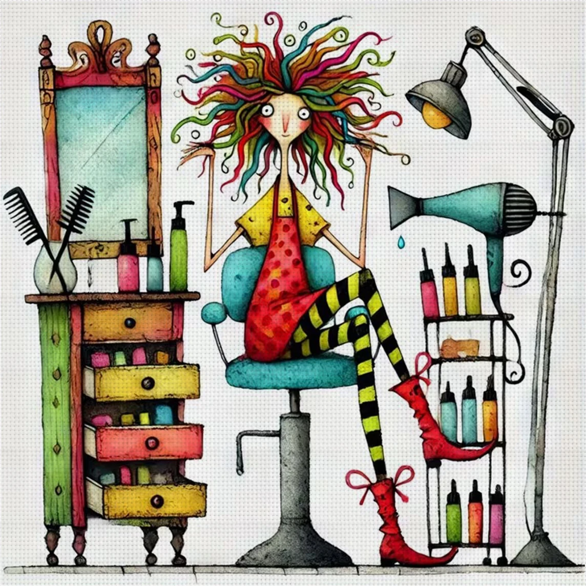 Rainbow Hair Stylist Kreuzstich-Set zum Selbermachen, 11CT-Stickerei, Heimwanddekoration, Geschenk, handgefertigtes Material, rahmenlos, halbfertig, 36 x 36 cm
