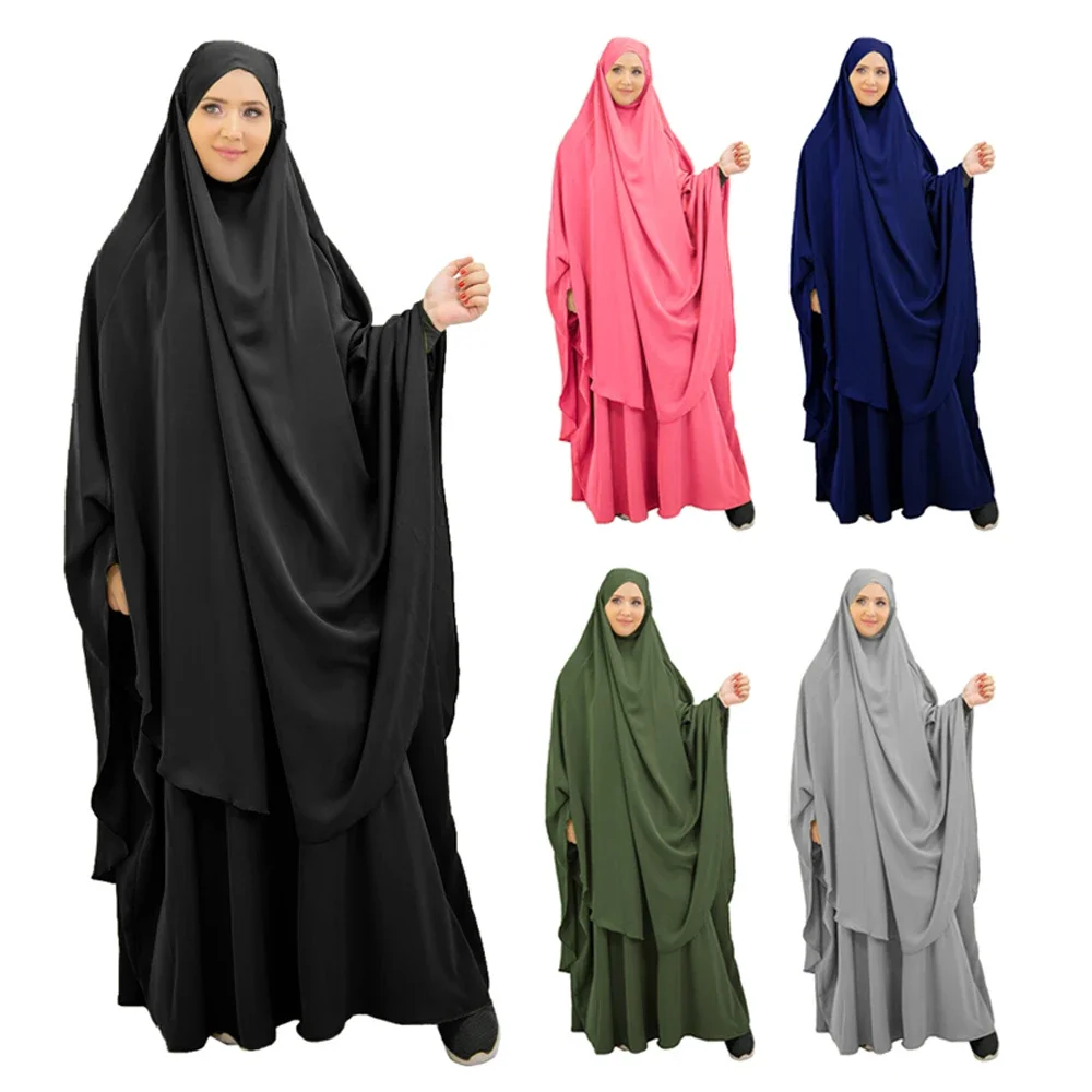 Ramadan Khimar Muslim Women 2 Piece Prayer Set Dress Full Cover Islam Burka Hooded Arab Jalabiya Umrah Eid Abaya Worship Service