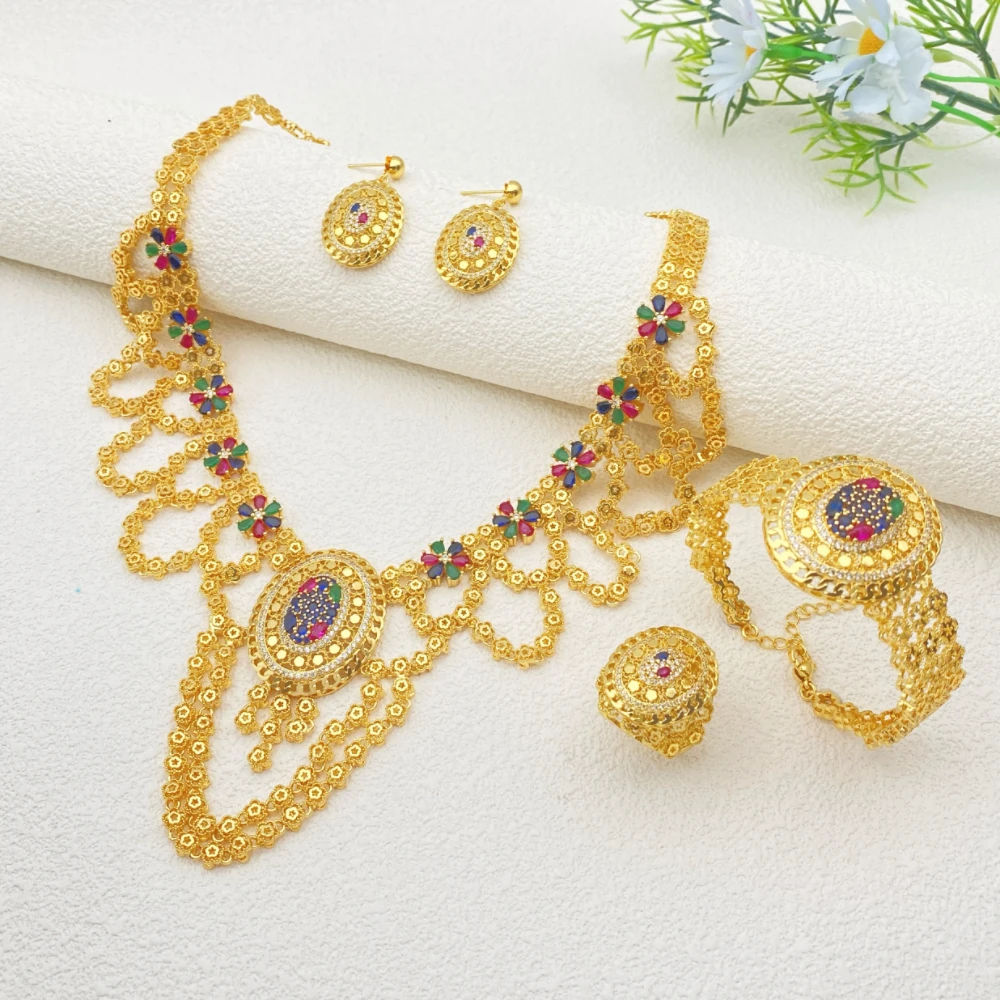 

Falair Cubic Zirconia Gold-Plated Copper Jewelry Set for Women Saudi Arabia Dinner Elegant Choice Bracelet Ring Necklace Earring