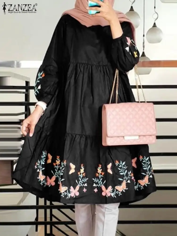 ZANZEA Bohemian Women Blouse Muslim Long Tops Autumn O Neck Long Sleeve Shirt Casual Floral Printed Blusas Ramadan Abaya Kaftan