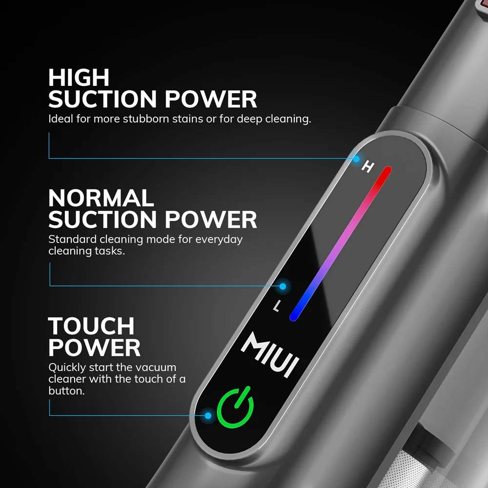 مكنسة كهربائية محمولة لاسلكية MIUI مع شاشة تعمل باللمس، بطارية قوية قابلة لإعادة الشحن بقوة 20 كيلو باسكال، ضوء LED، تروس ثنائية
