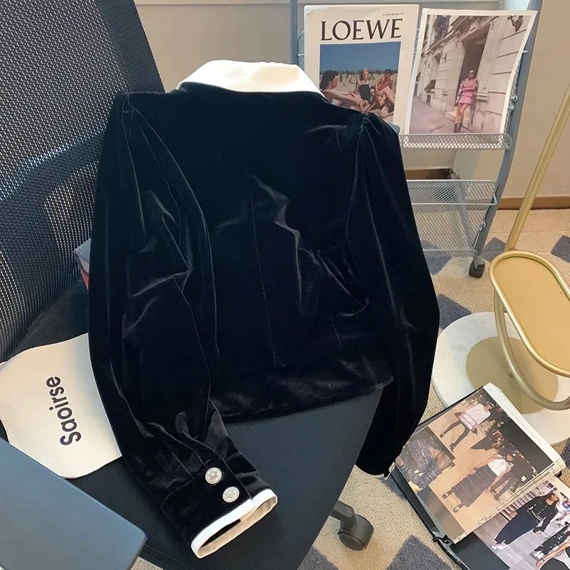 2026 Women's Coat Women's Black Velvet Collar Shirt Women's High Sense Spring New Fashion Ladies Outerwears