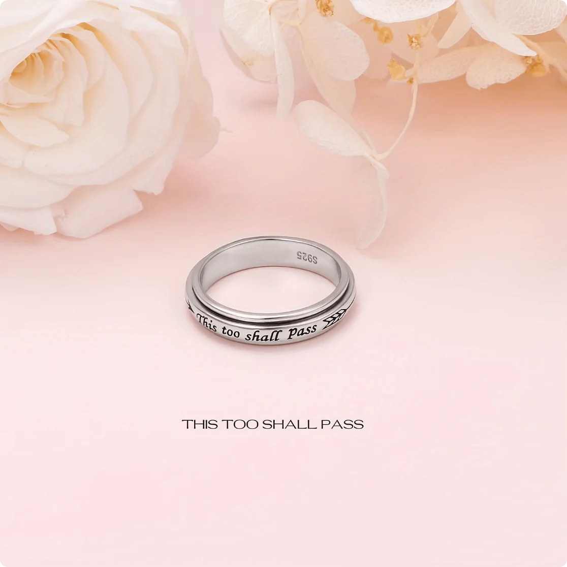 

925 Sterling Silver Rotating Ring - "This Too Shall Pass" Quote, Adjustable 6-10 US Size, Bohemian Vintage Style Jewelry