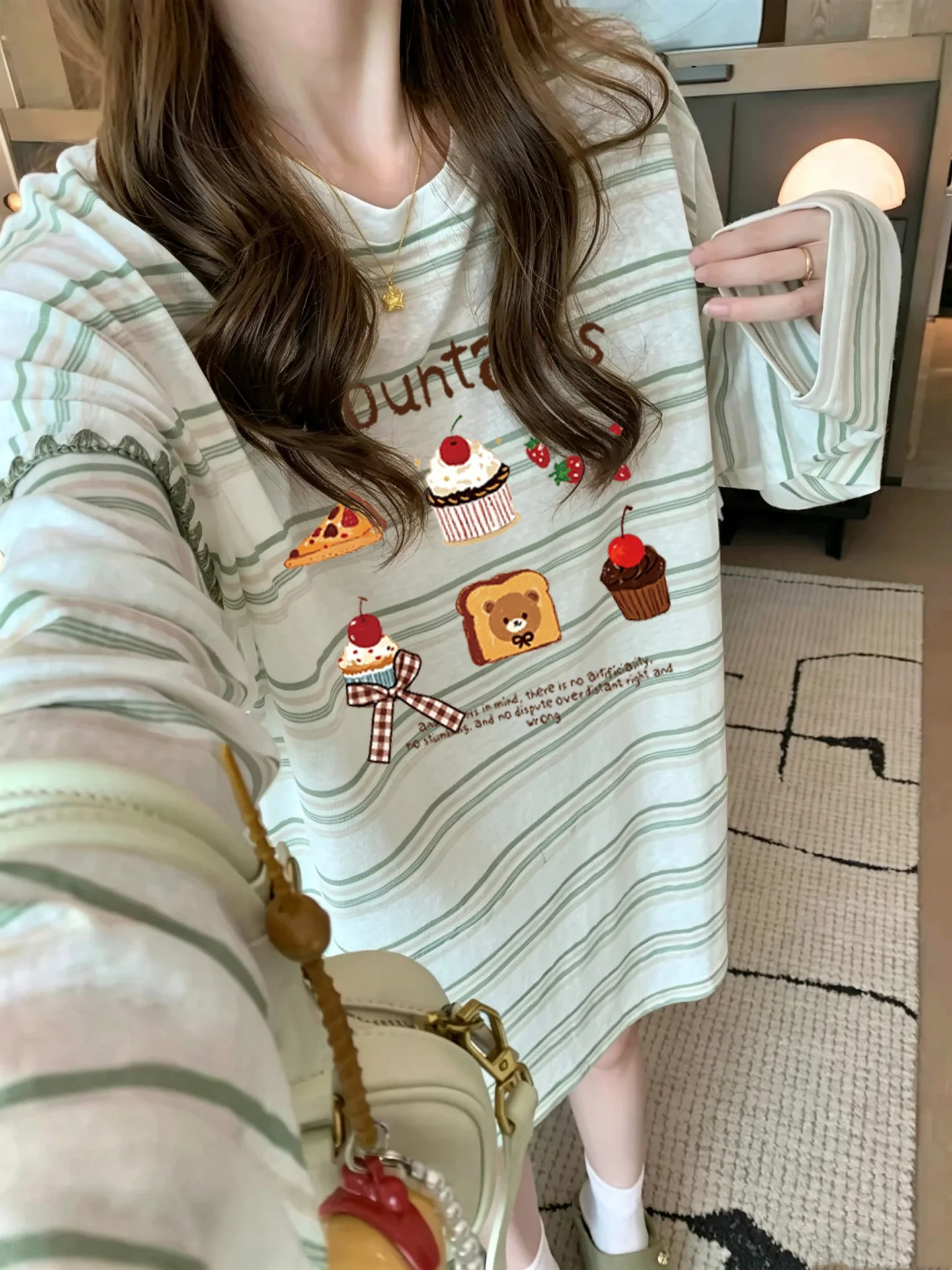 American Style Long Sleeve T-Shirt Women's Early Autumn New Loose Casual Lazy Thin Stripe Base Shirt Top