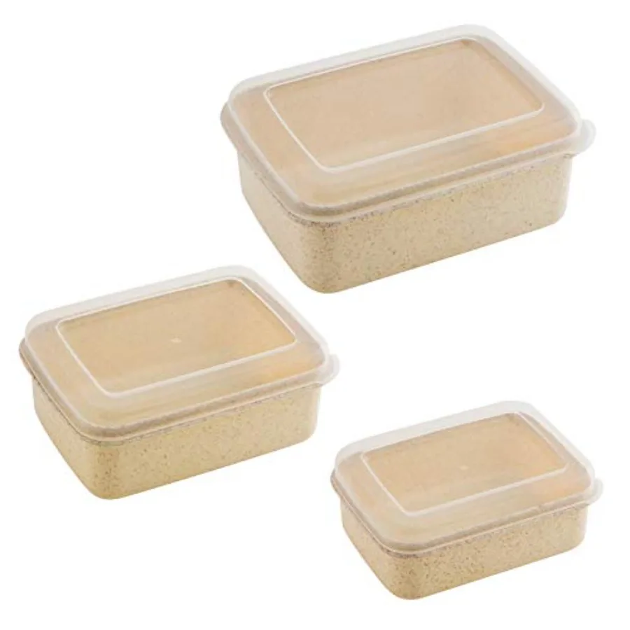 

6 Piece Set Eco Wheat Plastic Food Storage Containers Clear Lid Meal Prep Leftovers Kitchen Lunch Natural Rectangular 3 Sizes
