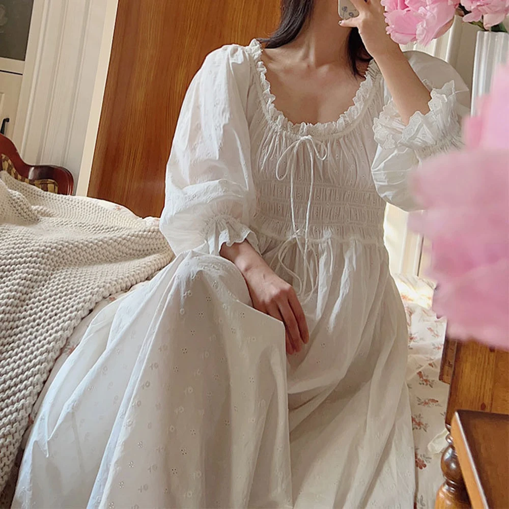100% czystej bawełny damska koszula nocna haft piękna koszula nocna w stylu vintage długi biały pałac Retro księżniczka bielizna nocna salon szata