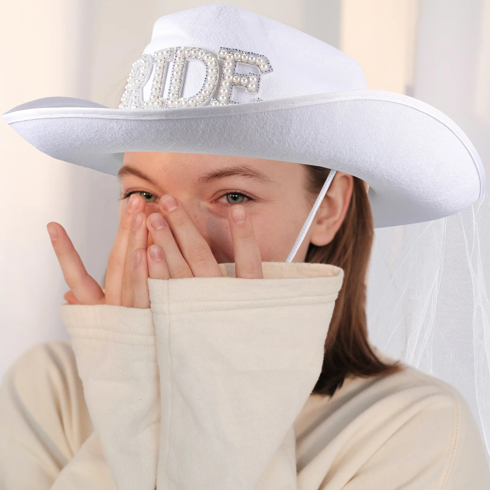 Bridal White Veil Cowboy Hat Cowgirl Hats Women Bride Accessories Bachelorette Party Hemming