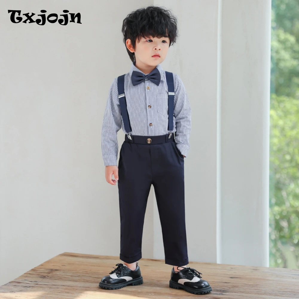 

Popular Handsome Kids Jumpsuit Sets 4 Pieces School Choir Performance Classic Striped Boys Suit Set Piano Contest Outfit On Sale