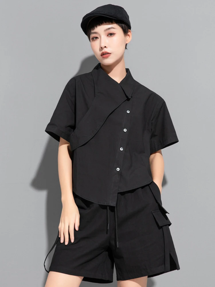 

Asymmetrical Hem Shirt Women Summer Short Sleeve Diagonal Button Up Fashion Shirts Blouses Female Casual Korean Tops Streetwear