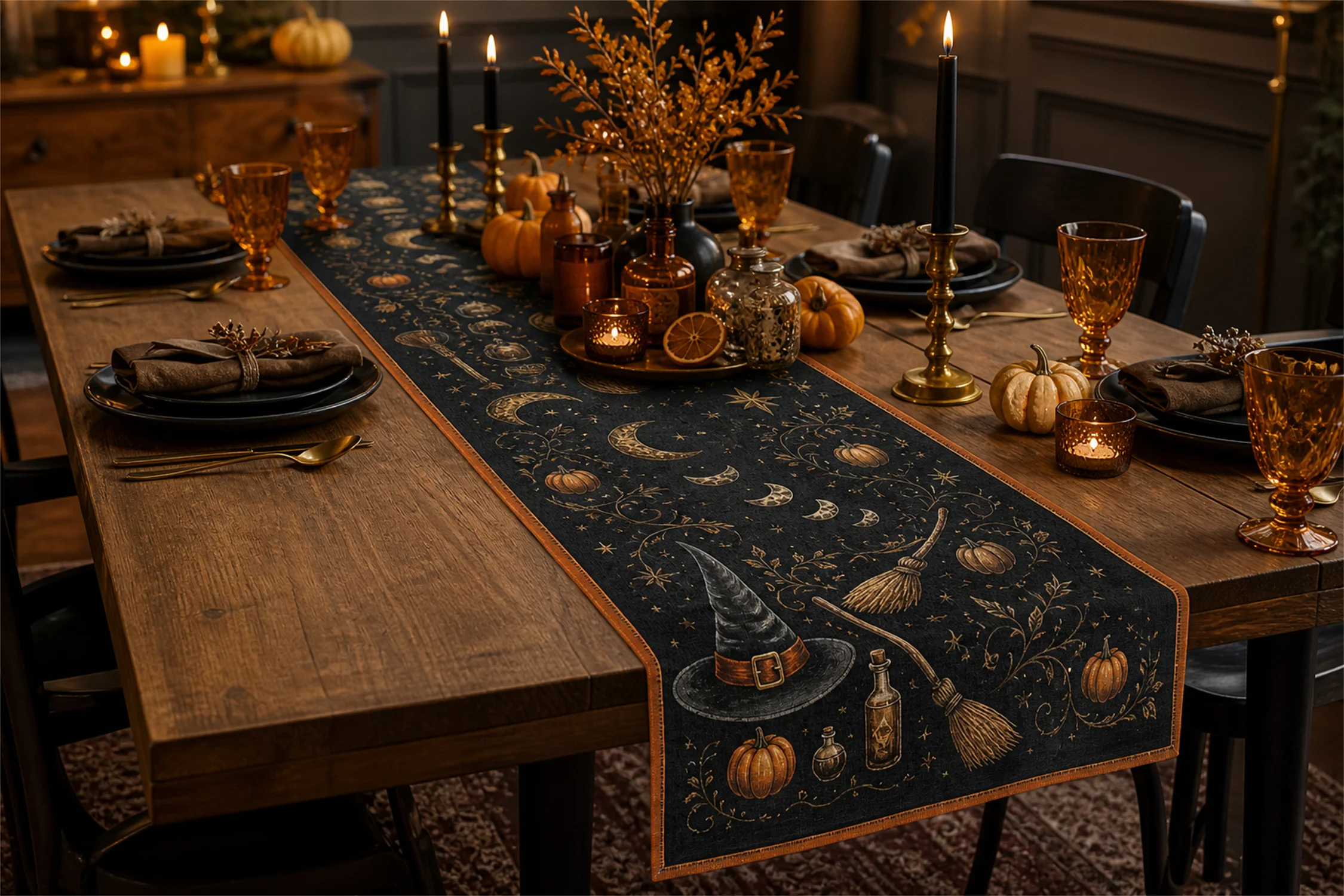 Halloween Table Runner Witch Hat Pumpkin Magic Night Party Dining Table Decor Holiday Home Decoration