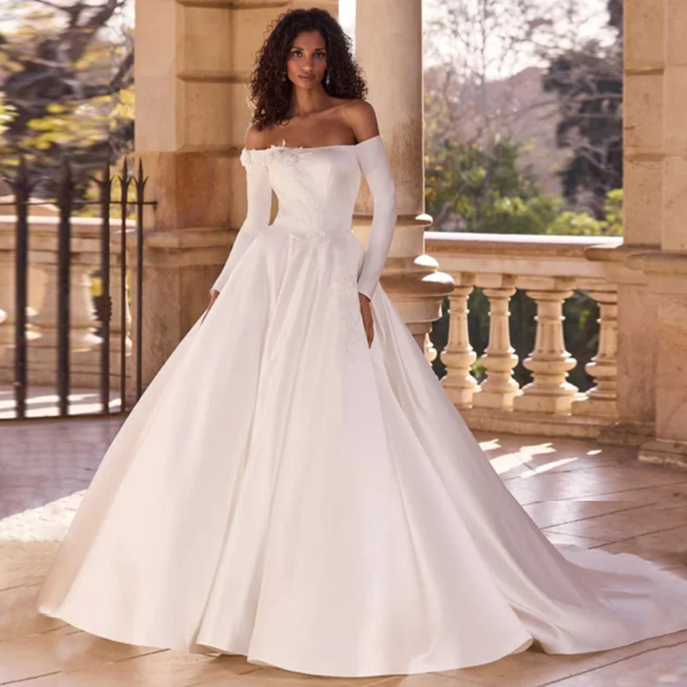 Nowoczesne suknie ślubne dla kobiet, szyte na miarę, z dekoltem w łódkę, długimi rękawami, aplikacjami, trenem typu sweep, gorsetem, suknia ślubna, robe mariée.