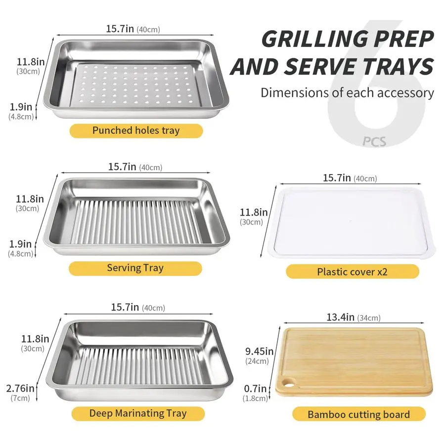 Prep and Serve Trays, Stainless Steel Large Capacity Food Prep Tray, Grill Carry System, Marinade Container with Lid and Cutting