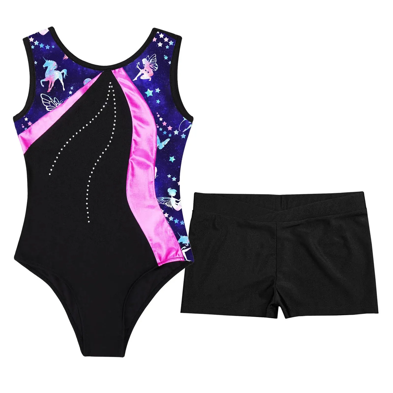 Kids Girls Printed Dance Sets Sleeveless Patchwork Leotard with V-front Waistband Shorts for Dance Gymnastics Stage Performance image 3
