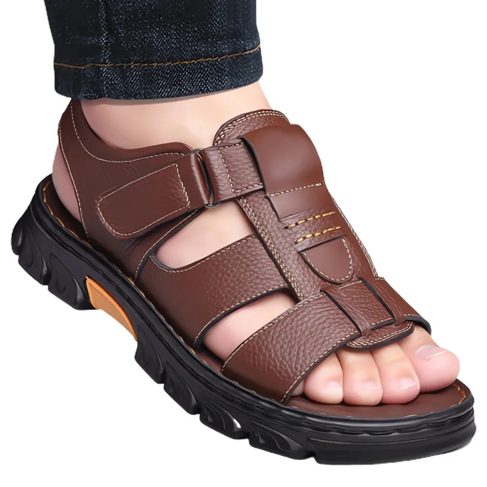 Sandals Men's New Beach Shoes Artificial leather Outdoor Non-Slip Thick-soled Leather Sandals 2024 New Men's Outdoor Sandals