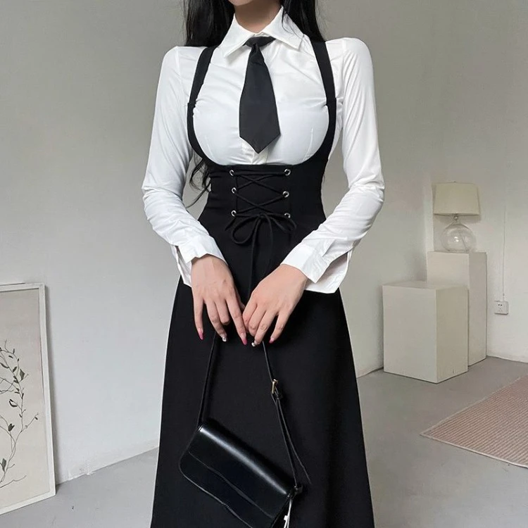 Simple Lapel Neck Long Sleeve White Shirts Women+ Sexy Slim Waist Lace Up Strap Dress 2024 Early Autum New Two Piece Sets