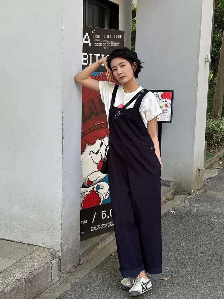 

Langqing Dark Blue Women's Spring Thin Straight Leg Overalls Loose Slimming Casual Wide Leg Pants Comfortable Cotton Jumpsuits