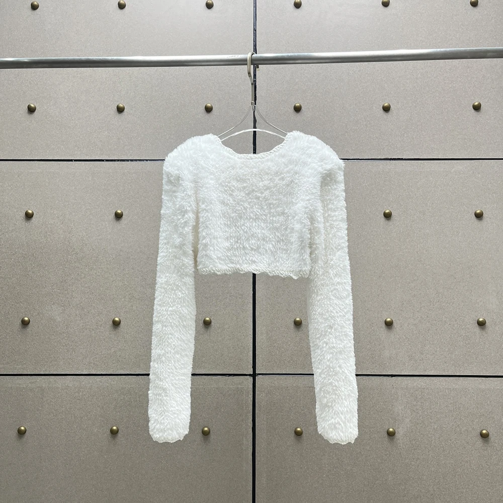 2023 Autumn And Winter New Cardigan Y2k White Short Plush Round Neck Long Sleeve Knitted Top Fashion Temperament Peplum Jacket