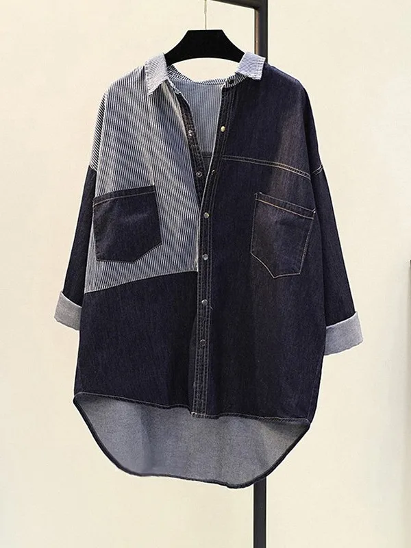 

Casual Blue Denim Shirt Women's Spring Summer New Style Korean Version Long Sleeve Double Pocket Patchwork Blouse Top Coat