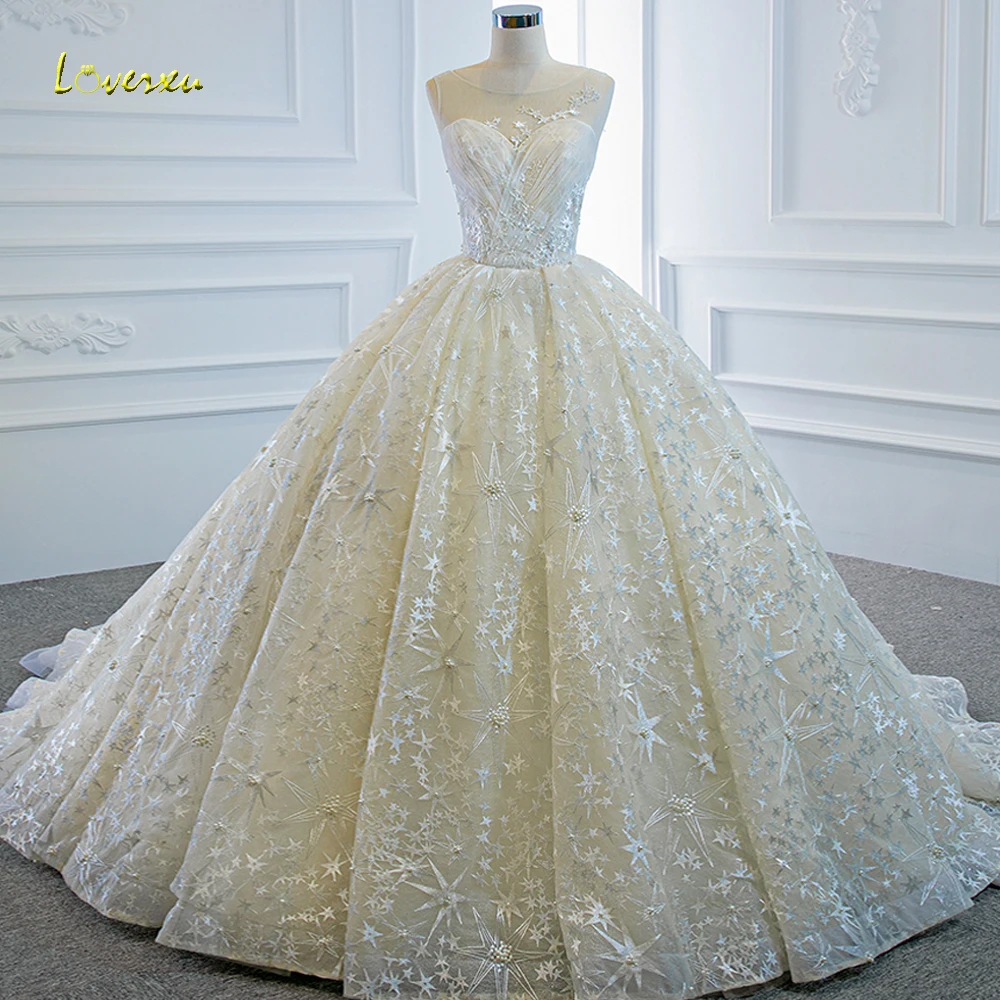 Loverxu Ball Gown Vintage Wedding Dresses O-Neck Sleeveless Vestido De Novia Lace Shiny Court Train Custom Made Bridal Gown