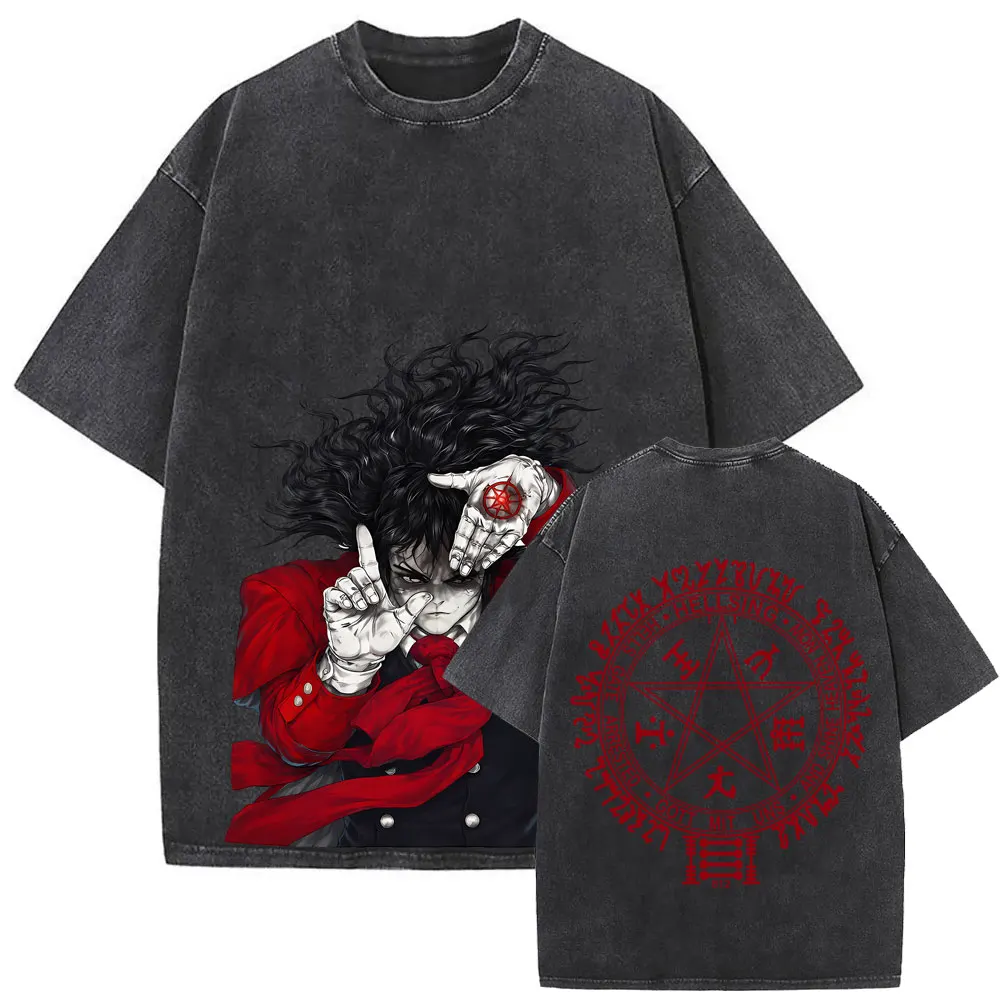 

Japanese Anime Hellsing Vintage Washed T-shirts Vampire Alucard Merch T-shirt Men's Clothing Manga Fashion Oversized T Shirts