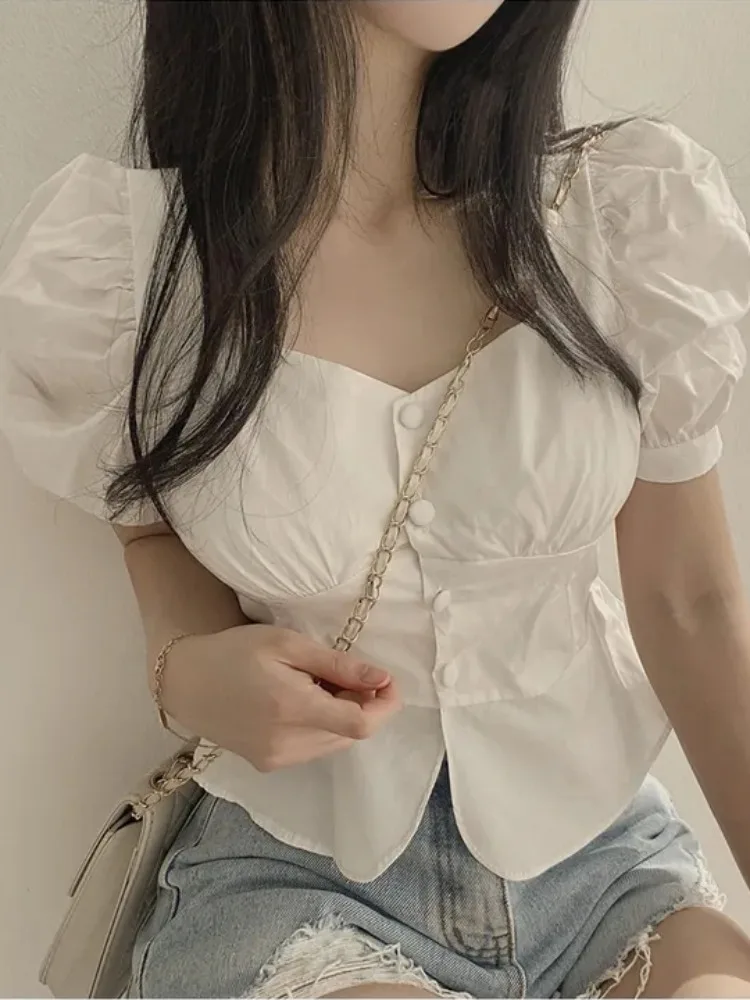 

Chic White Heart Collar Bubble Sve ort irt Women's Faionable Waist-Cinching ort Length Top for Summer 2025