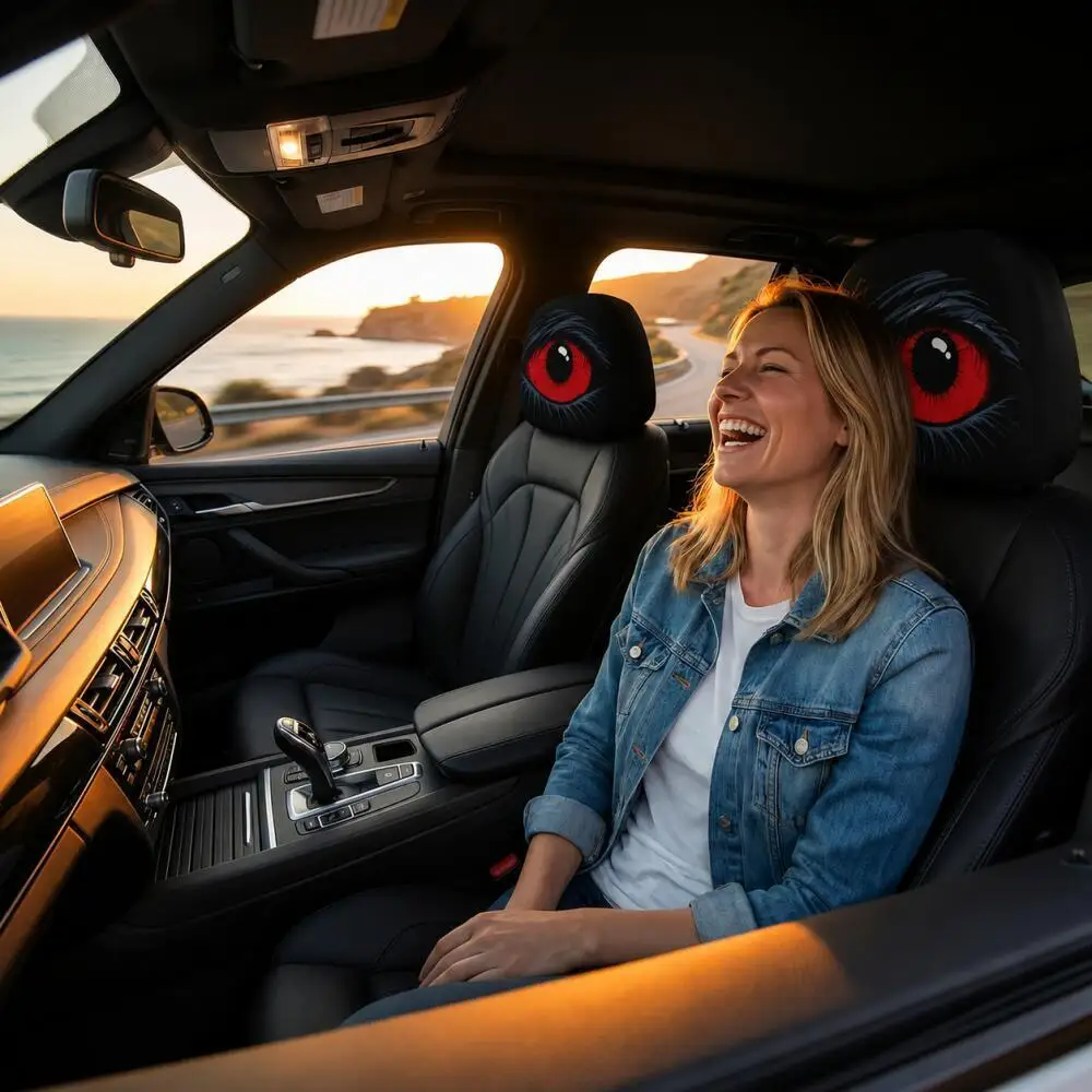2PCS Red Slant Eyes Car Headrest Covers 2D Double Sided Print Funny Universal Car Interior Decor Interesting Auto Accessories