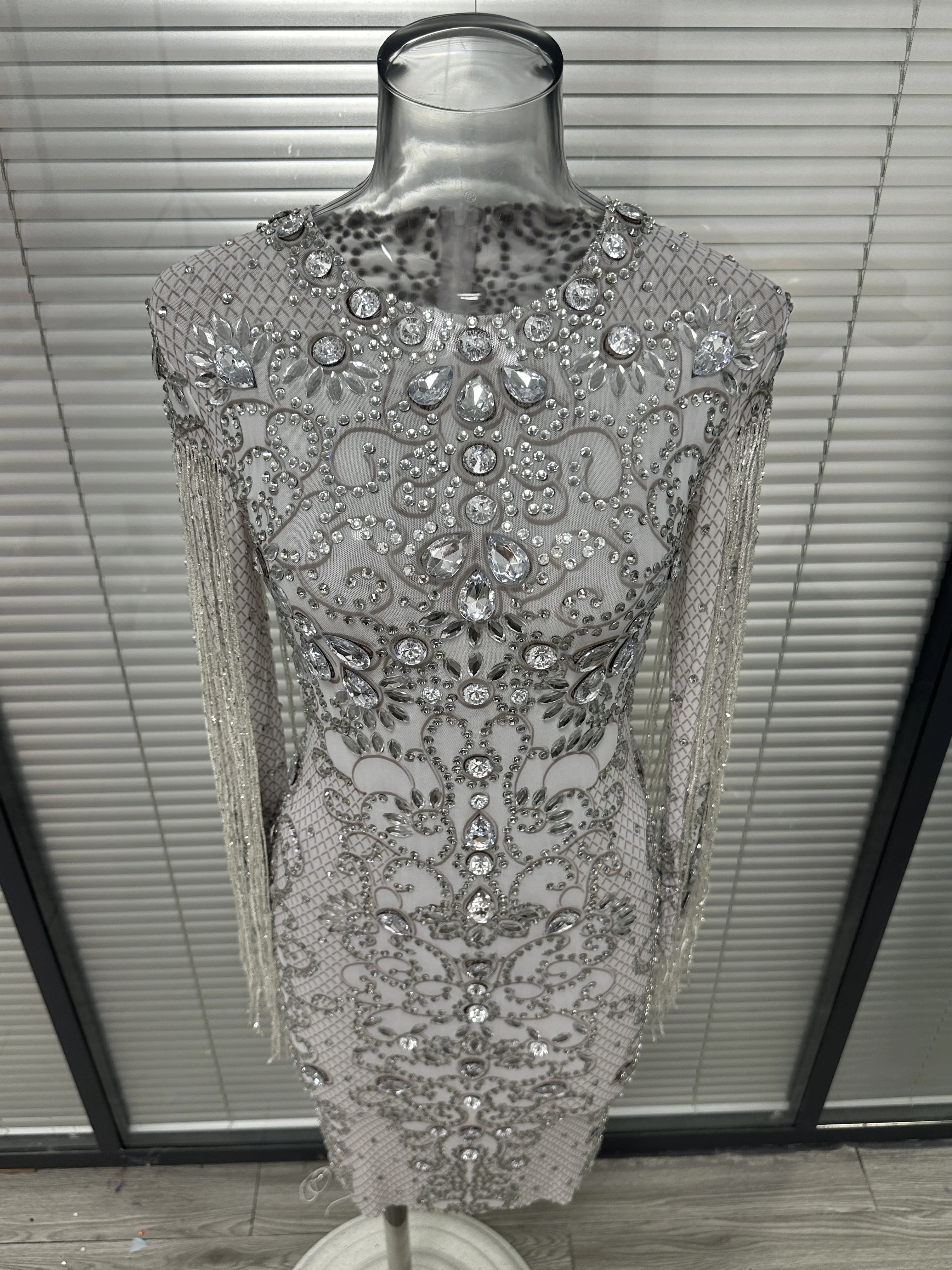 Sparkly Rhinestone Fringe See Through Mesh Tassel Cocktail Dress Elegant Woman Party Celebrate Outfit Birthday Prom Costumes